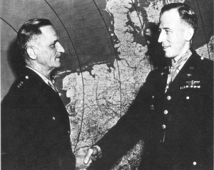 Gen. Carl Spaatz, United States Army and Air Force general awarding the Congressional Medal of Honor to Lt. Col. James H. Howard (right) in London, England